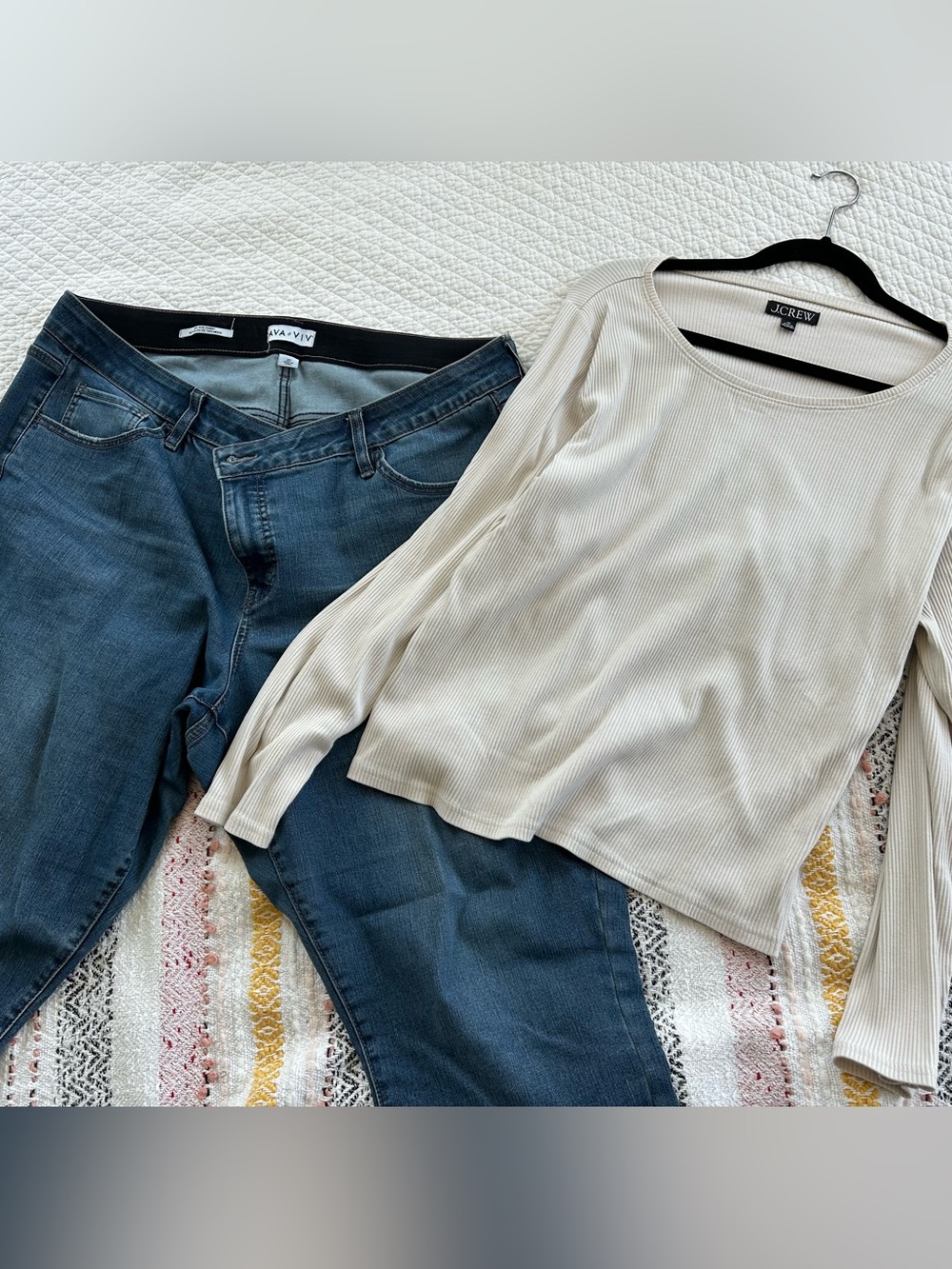 J.Crew Cream Ribbed Long Sleeve Top & Blue Jeans Duo